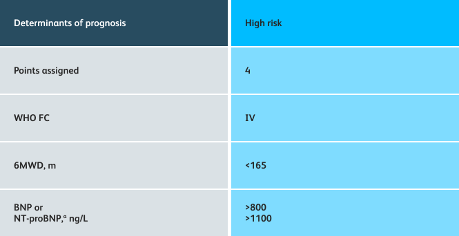 High risk assessment table for PAH (4-strata model) Table showing determinants of prognosis for high risk in PAH patients using the 4-strata assessment tool.