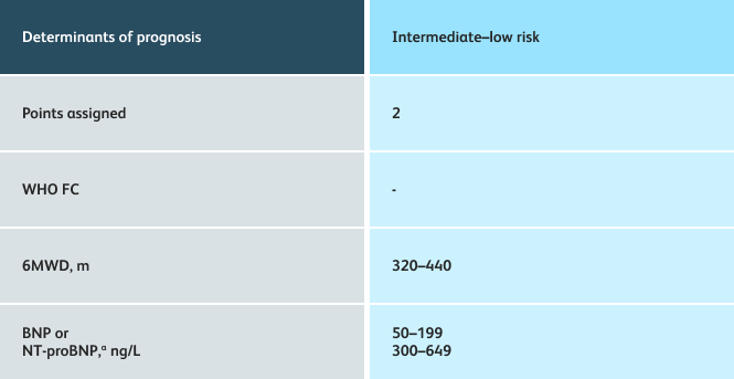 Intermediate low risk assessment table for PAH (4-strata model) Table showing determinants of prognosis for intermediate low risk in PAH patients using the 4-strata assessment tool.