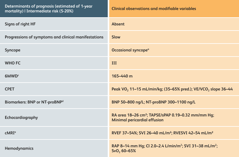Intermediate risk assessment table for PAH Table showing determinants of prognosis for intermediate risk in PAH patients using the 3-strata model.