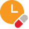 Clock showing 3 o’clock with a red and gray pill, representing dosing schedule and medication timing