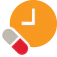 Clock showing 9 o’clock with a red and gray pill, representing dosing schedule and medication timing