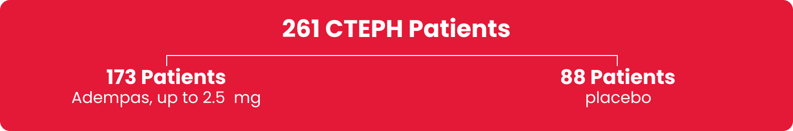 Graphic showing CHEST study design for 261 CTEPH patients divided into Adempas group (173) and placebo group (83).